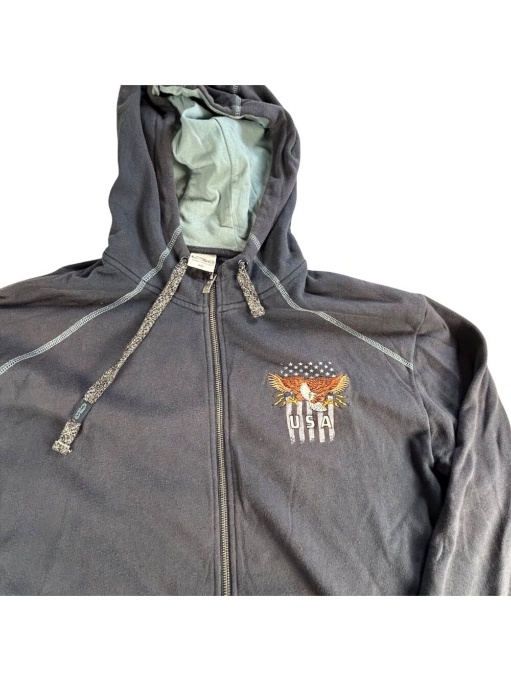 VTG Crazy Shirts Navy USA Eagle Hoodie Mens XXL Full-Zip Kangaroo Pockets Hood